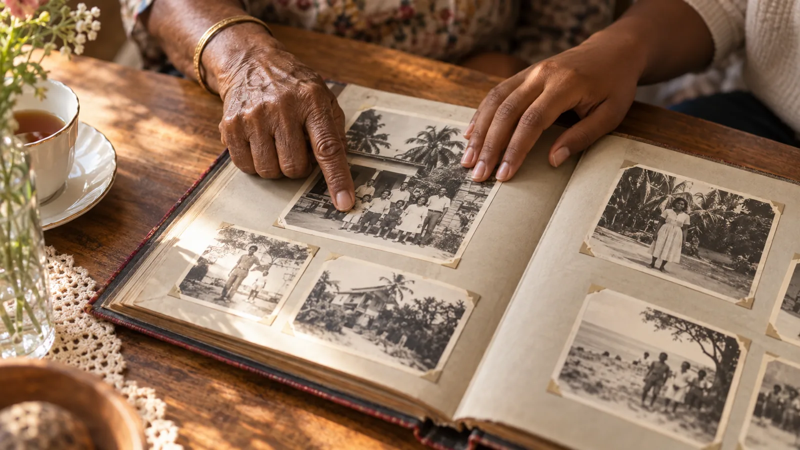 An older person's hands and a young person's hands resting side by side on an open photo album of old black and white family photographs, on a wooden table in warm afternoon light