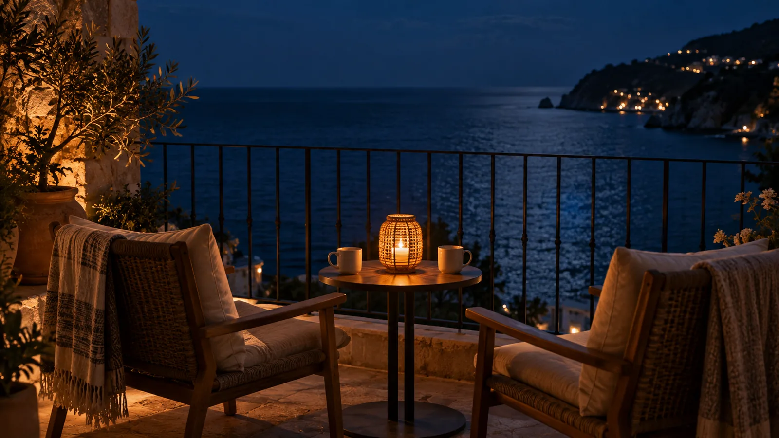 Two coffee mugs and a candle lantern on a seaside balcony table at night, with two chairs facing each other