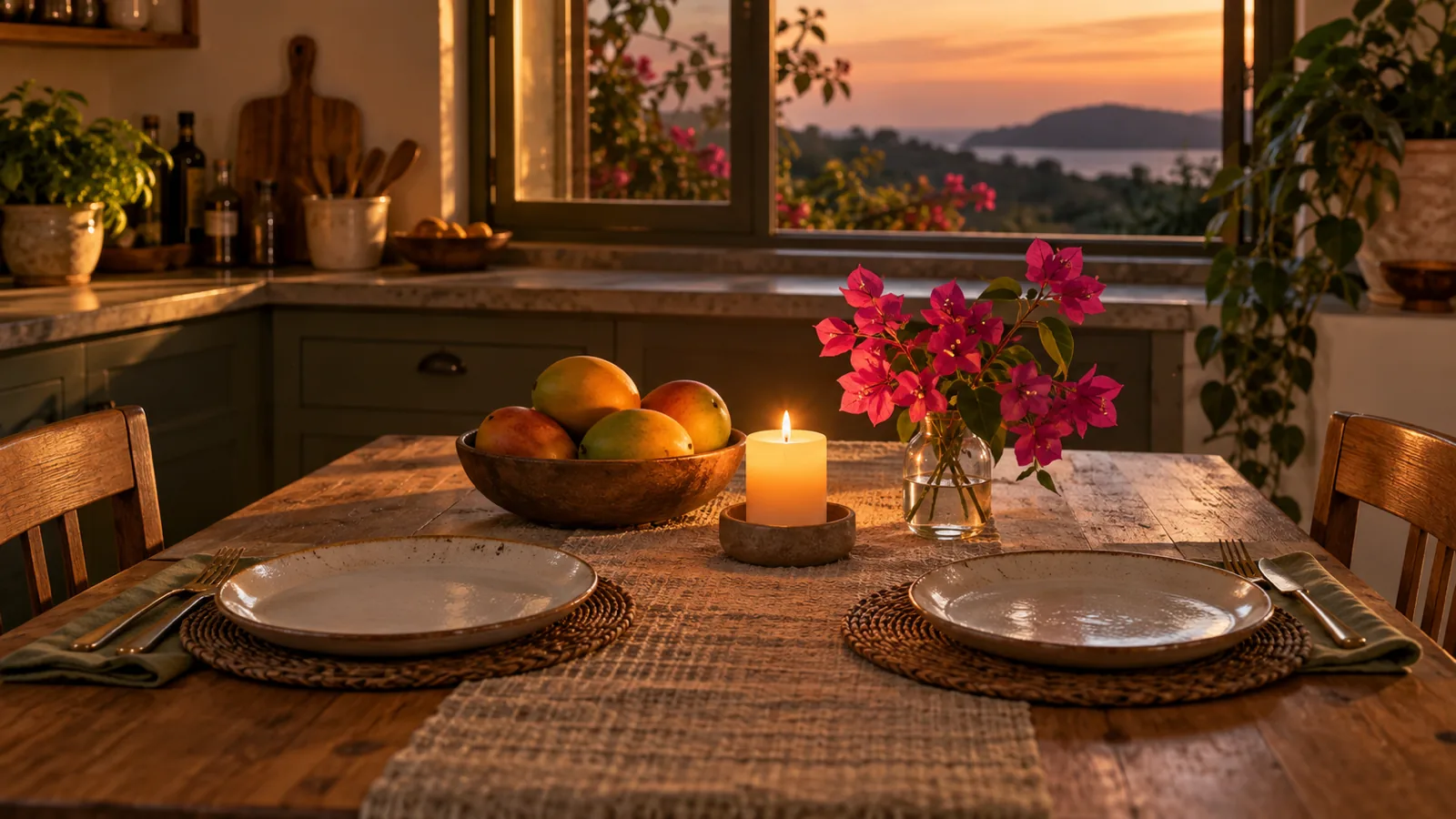 A kitchen table set for two with a lit candle, mangoes and pink bougainvillea in the evening