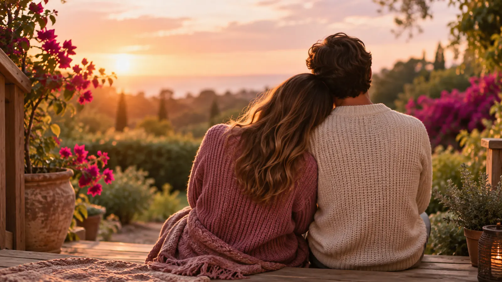 A couple seen from behind, sitting close on a wooden porch step at golden hour, a quiet moment to ask your partner questions, with pink bougainvillea beyond