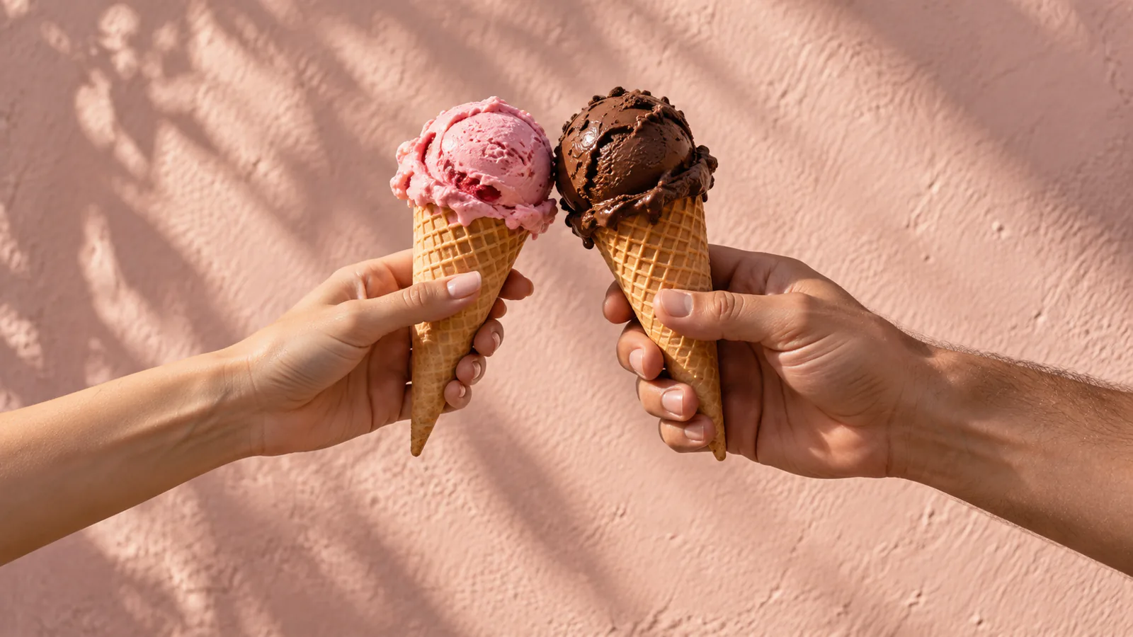 Two hands offering a strawberry and a chocolate ice cream cone against a blush wall, a sweet would you rather choice for couples
