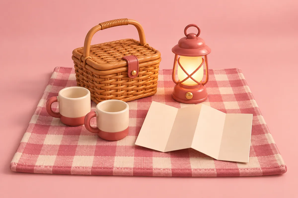 A picnic basket and lantern on a checked blanket, with two cups and a folded card
