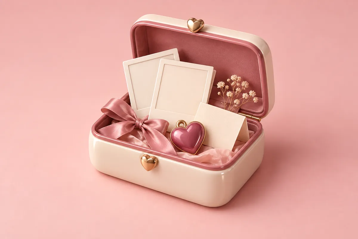 An open keepsake box with blank photos, a folded note and a dried flower