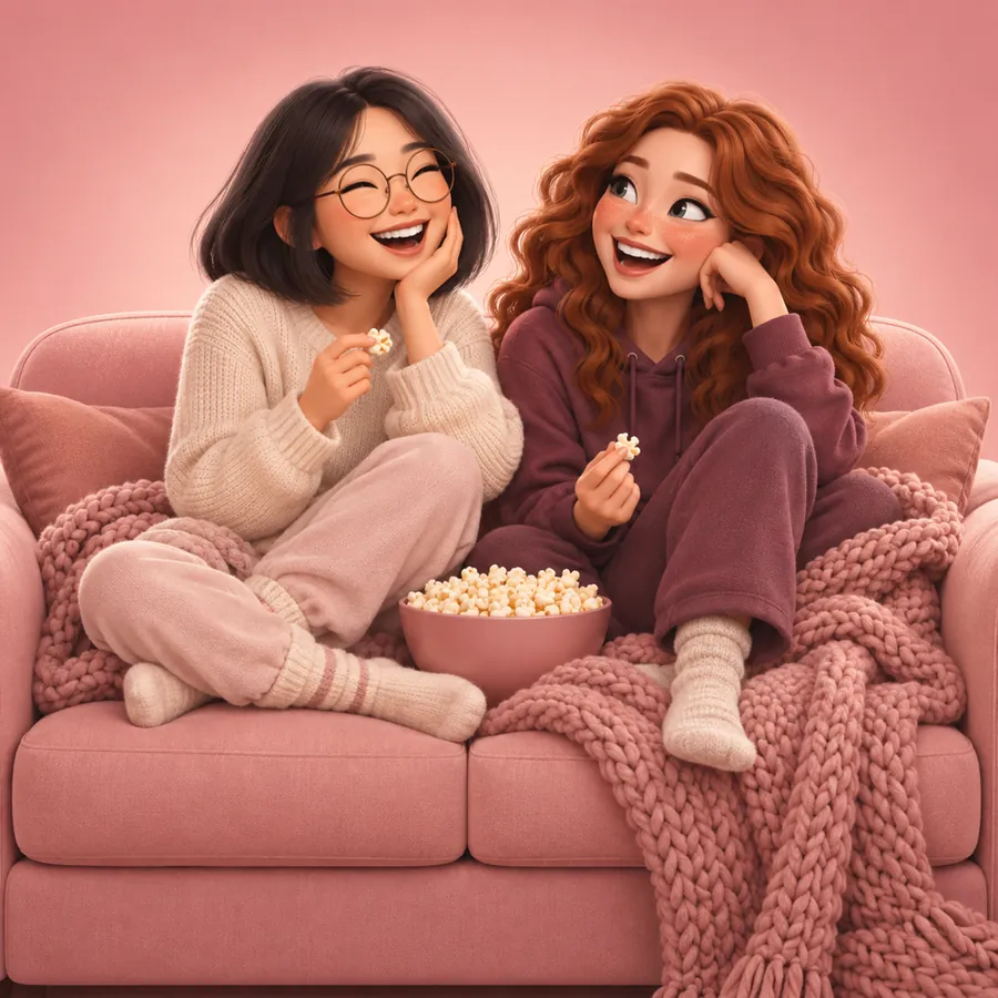 Two close friends laughing on a sofa with a bowl of popcorn