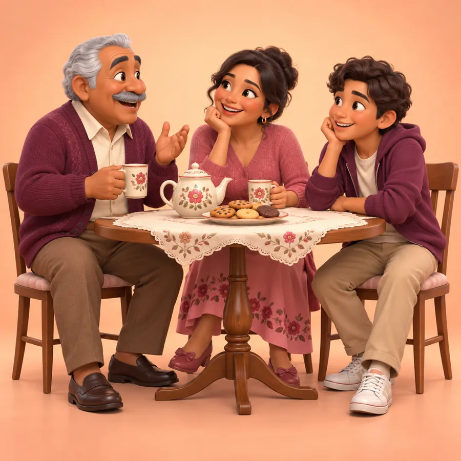 A grandfather, his grown-up daughter and his teenage grandson talking over tea at a kitchen table