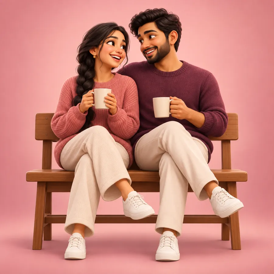 A smiling couple sitting close on a bench, each holding a mug