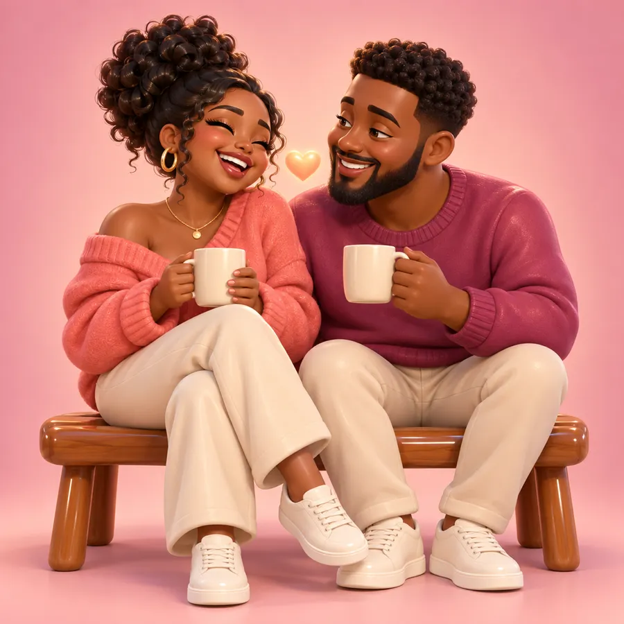A laughing couple on a bench, each holding a mug