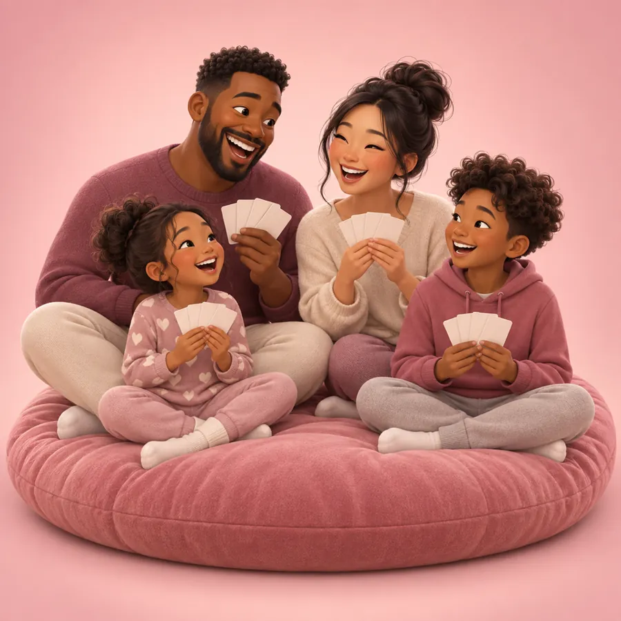 A family of four laughing on a big floor cushion as they play a card game