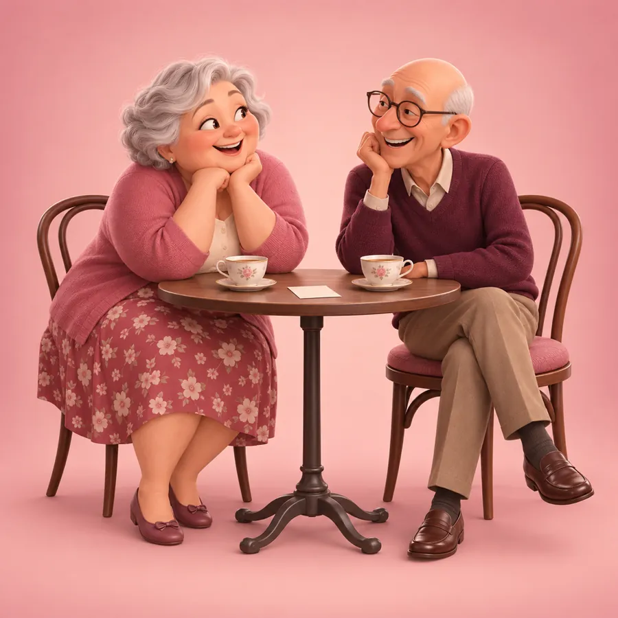 An older couple sharing a laugh over a little card and two cups of tea
