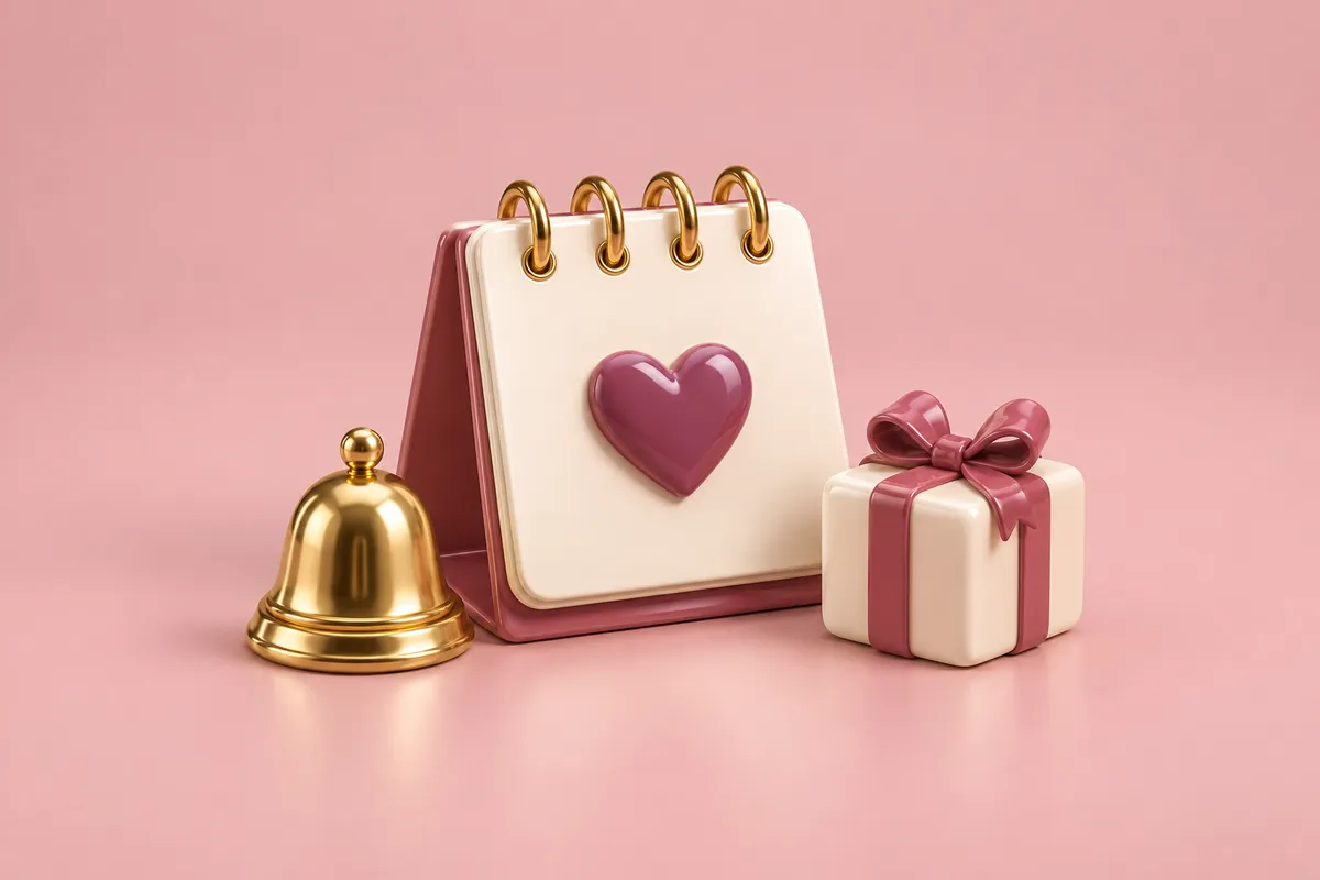 A little rose desk calendar with one day marked by a heart, a gold bell and a tiny gift box