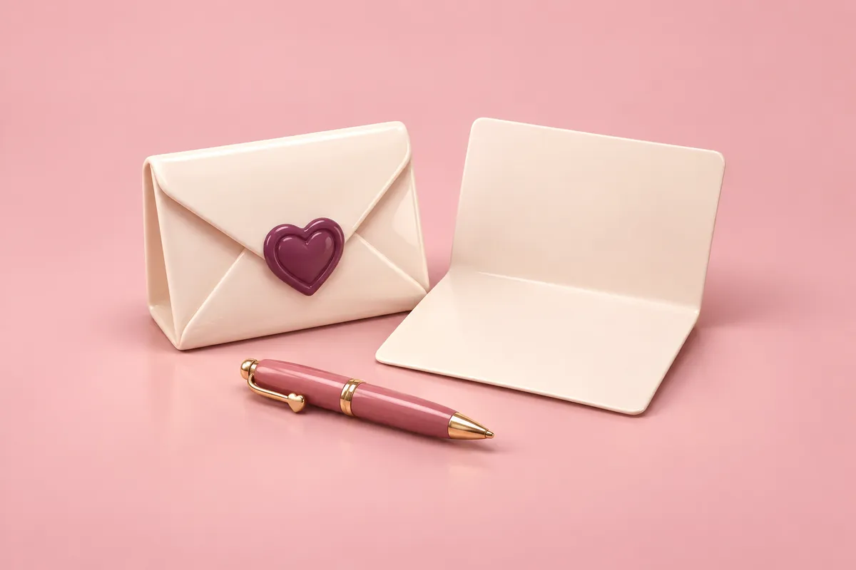 A folded cream love note with a plum heart seal beside a half-open note and a tiny rose pen