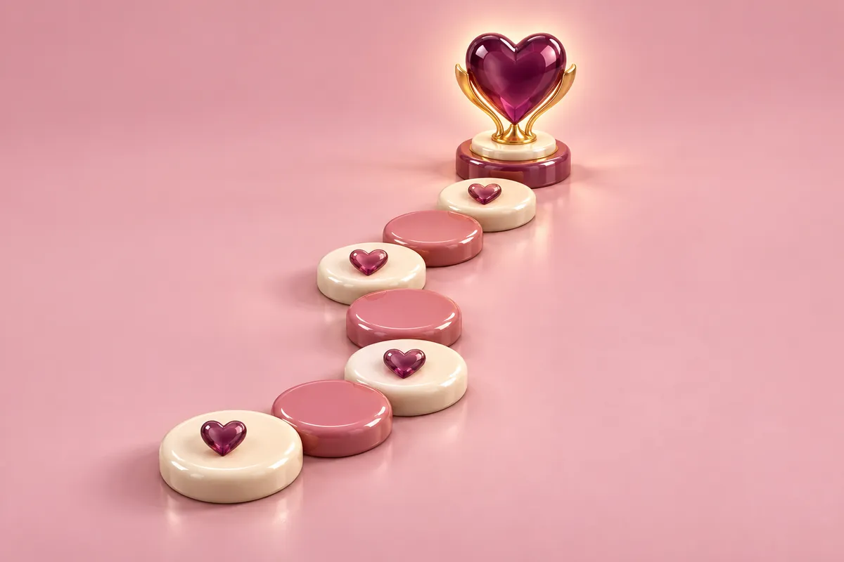 A curving path of stepping stones with heart gems leading to a glowing heart trophy