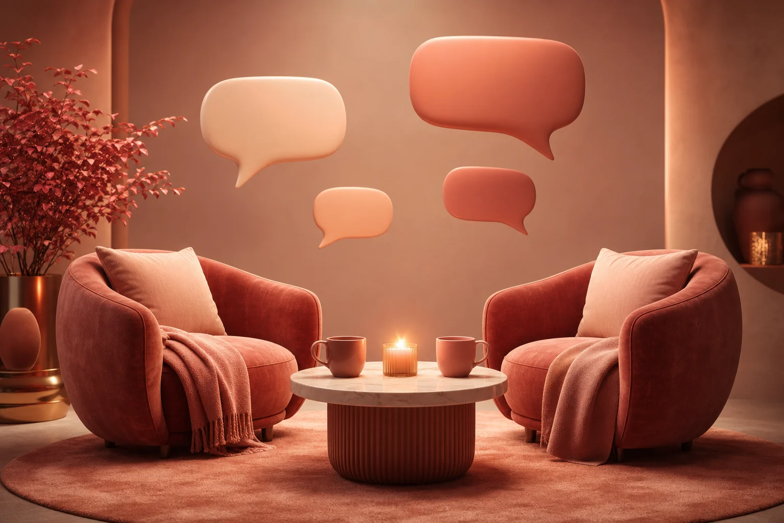 Two cosy armchairs facing each other across a small table set with two mugs and a lit candle, soft speech bubbles floating above