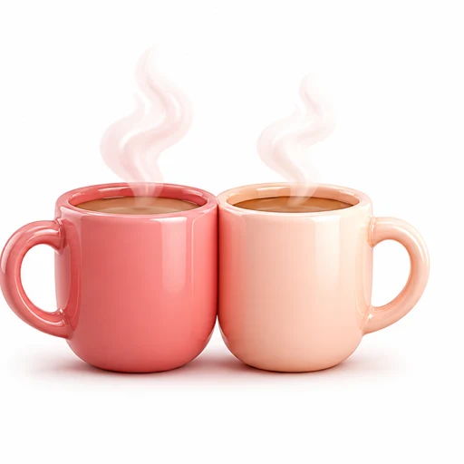 Two glossy coffee mugs with curls of steam